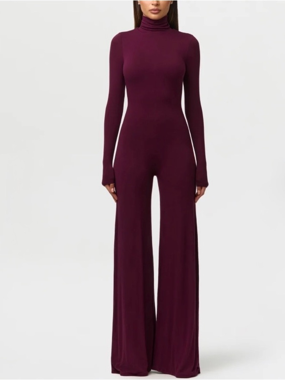 New Naked Wardrobe Sculpt Wide-Leg Mock Neck Jumpsuit Women's Size S Dark Plum